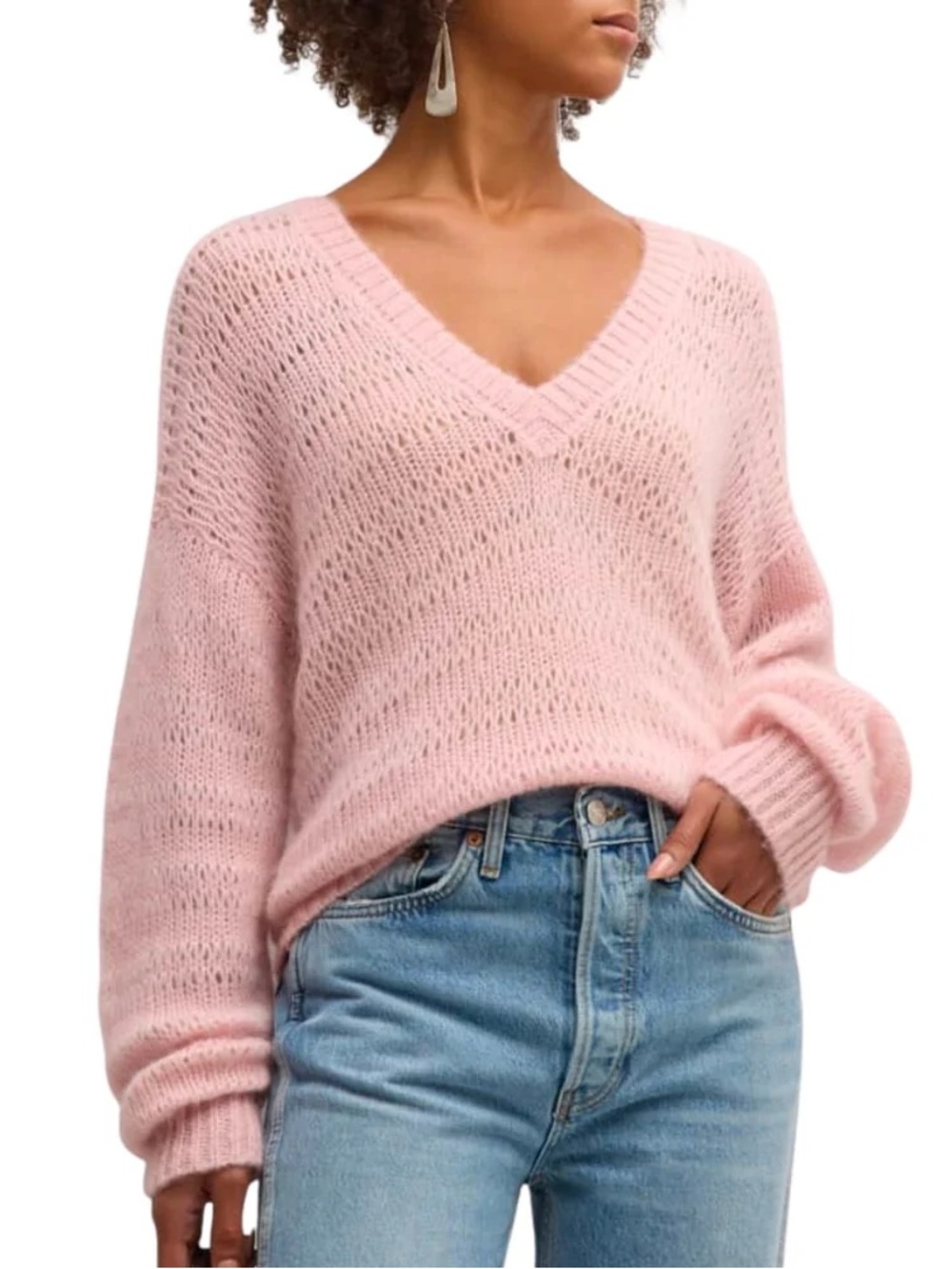 Naadam Alpaca Blend Open Stitch V Neck Sweater